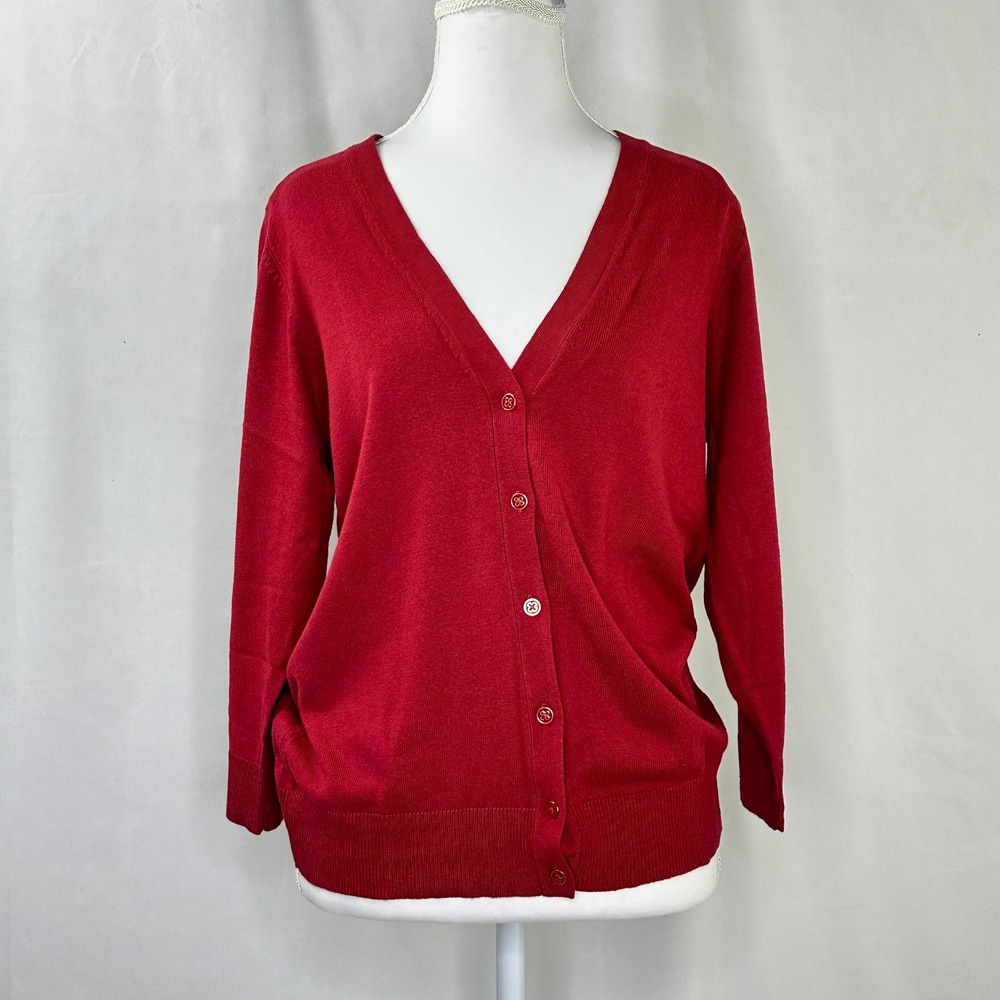 New York & Company Women Large Cardigan Red V-Neck Button Front Knit Teacher NWT